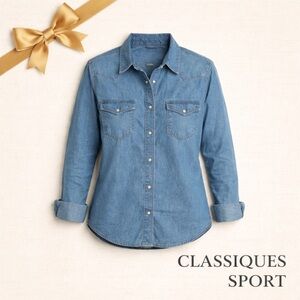 Western CLASSQUES SPORT Denim Shirt Medium Wash Blue Snaps MP
